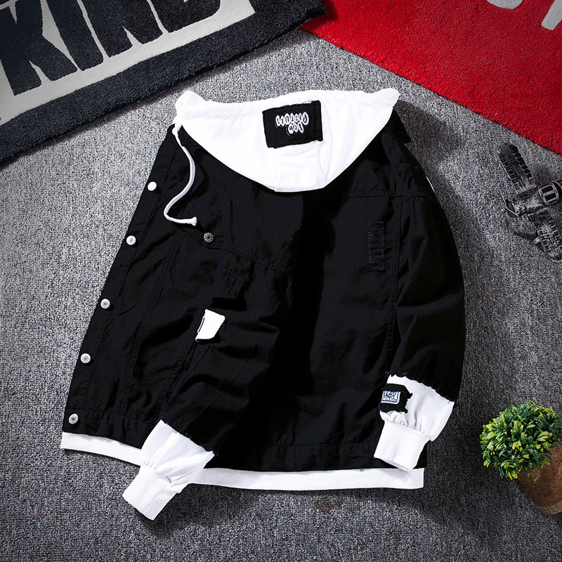 Autumn Hooded Denim Jacket Men's Korean Style Trendyy Casual Versatile Top Spring and Autum Couple Fake Two-Piece Jacket