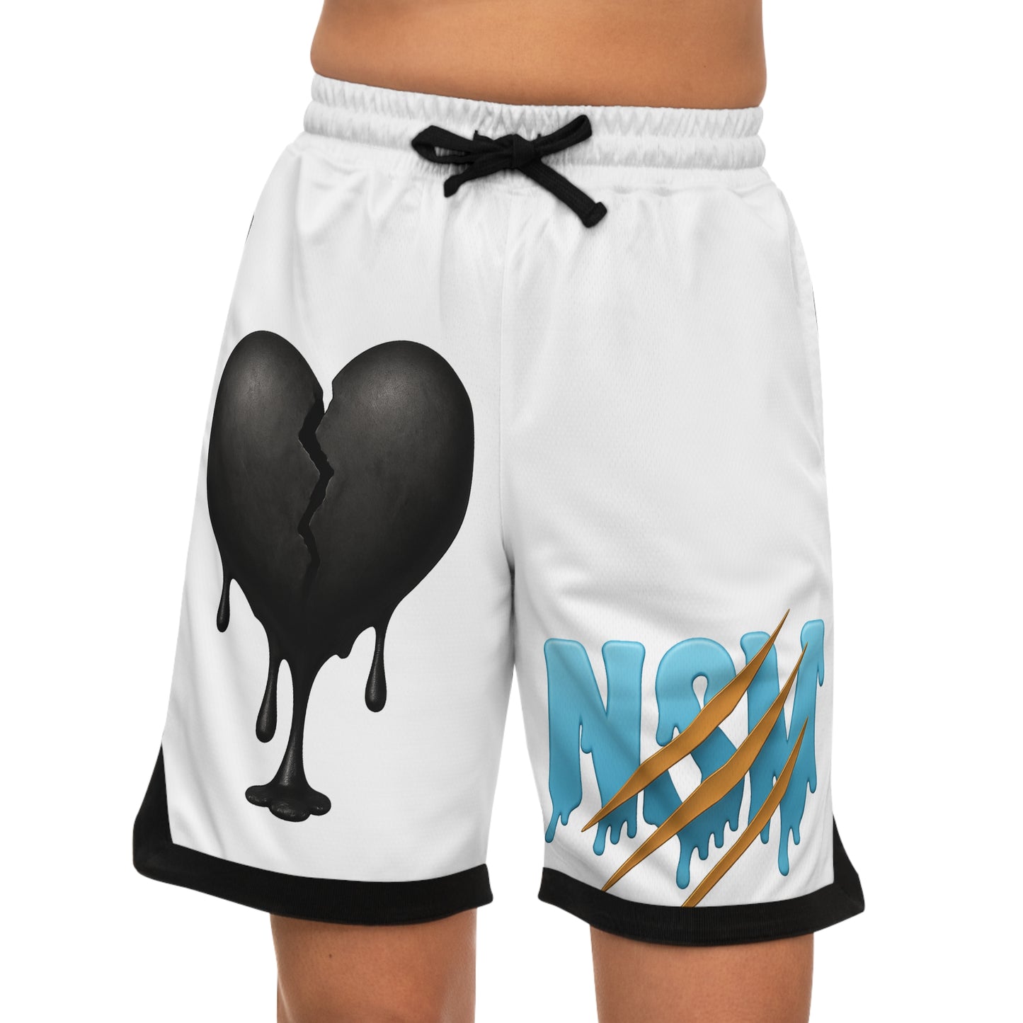 Drippy Heart Basketball Shorts — White AOP Athletic Shorts with Melted Heart & N&N Claw Design