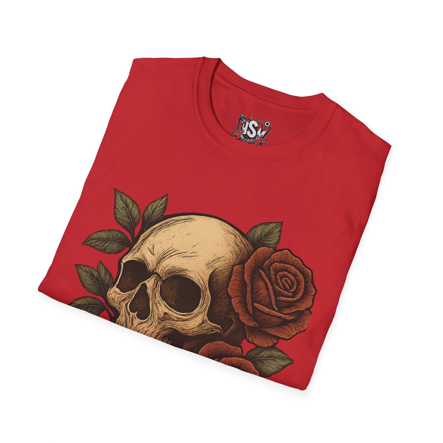 Skull & Roses T-Shirt — Gothic Floral Tee with 'Love, Lust, Loyalty' Back Print