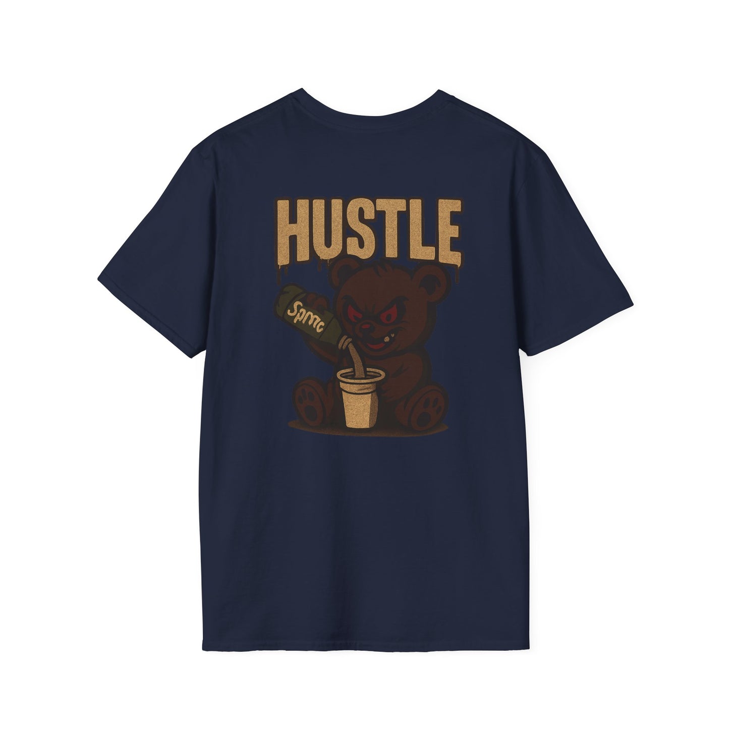 Hustle Bear T‑Shirt — 'HUSTLE' Graphic Tee with Fierce Bear Sipping Coffee