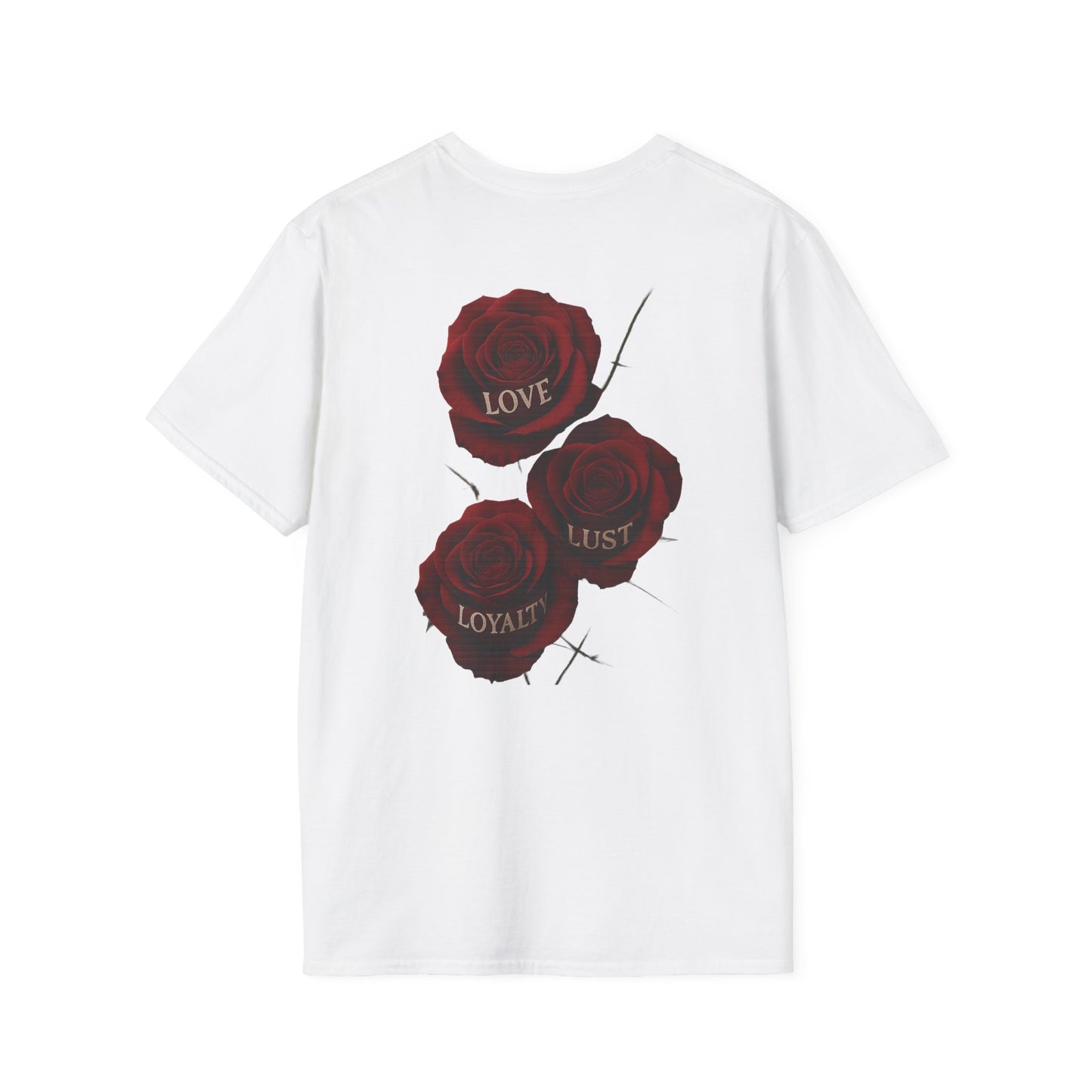 Skull & Roses T-Shirt — Gothic Floral Tee with 'Love, Lust, Loyalty' Back Print
