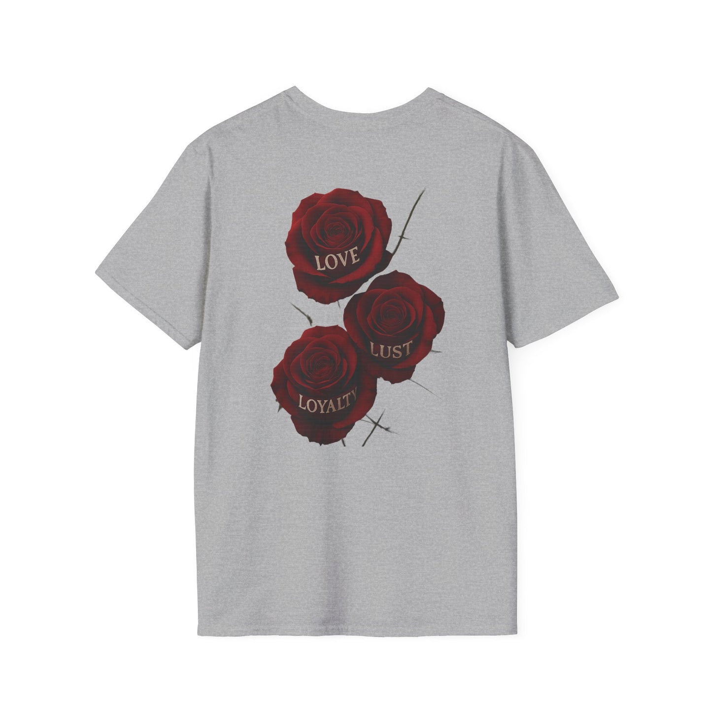 Skull & Roses T-Shirt — Gothic Floral Tee with 'Love, Lust, Loyalty' Back Print