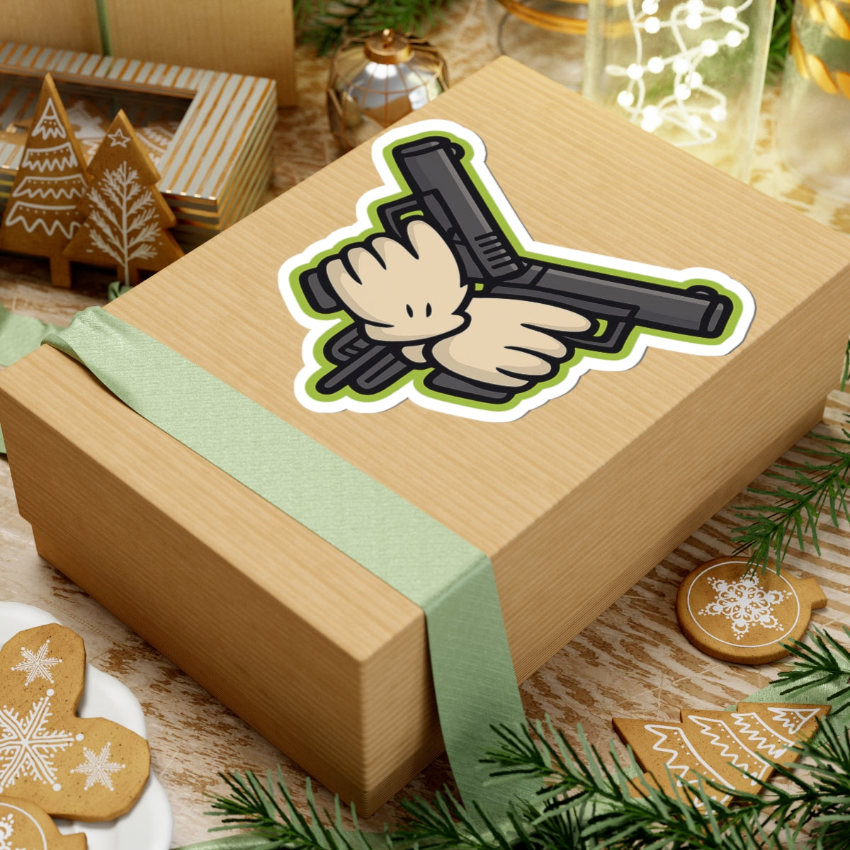 Crossed Pistols Sticker — Retro Cartoon Gun Badge with Neon Outline