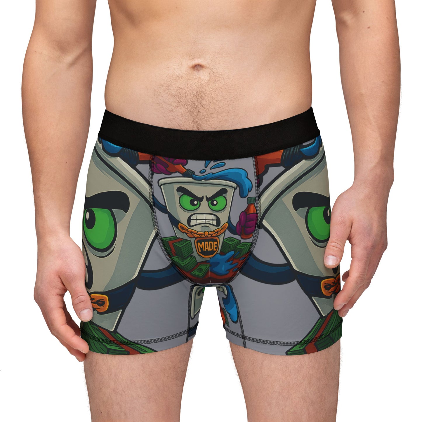 Hip-Hop Soda Character Boxer Briefs — Cartoon Money & Chain Men's Boxers