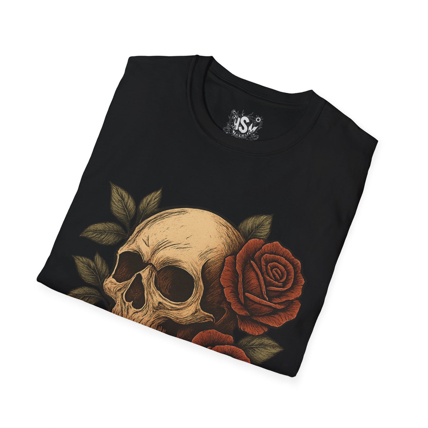 Skull & Roses T-Shirt — Gothic Floral Tee with 'Love, Lust, Loyalty' Back Print