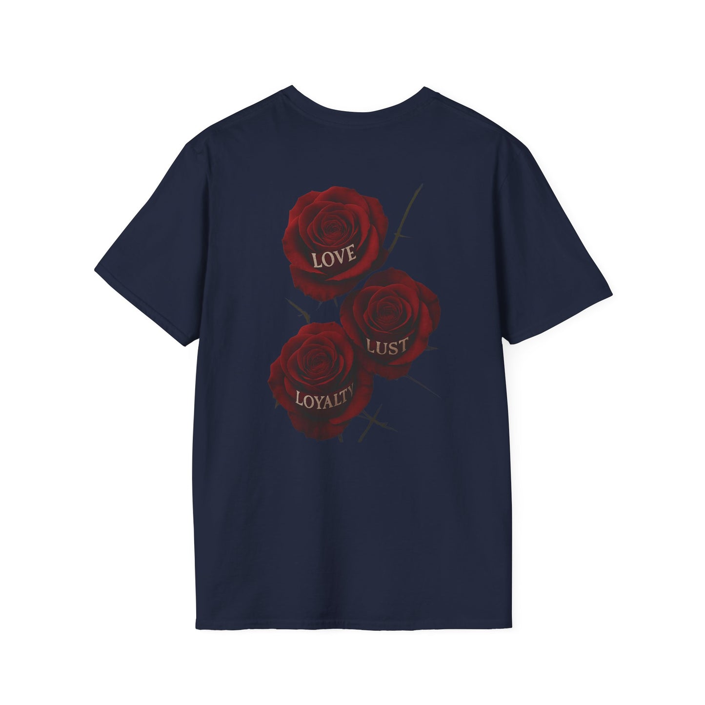 Skull & Roses T-Shirt — Gothic Floral Tee with 'Love, Lust, Loyalty' Back Print