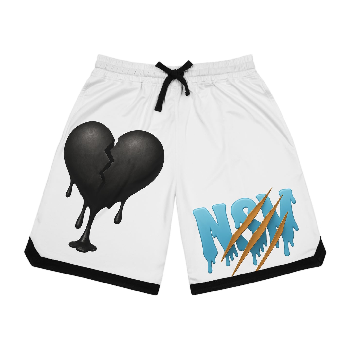 Drippy Heart Basketball Shorts — White AOP Athletic Shorts with Melted Heart & N&N Claw Design