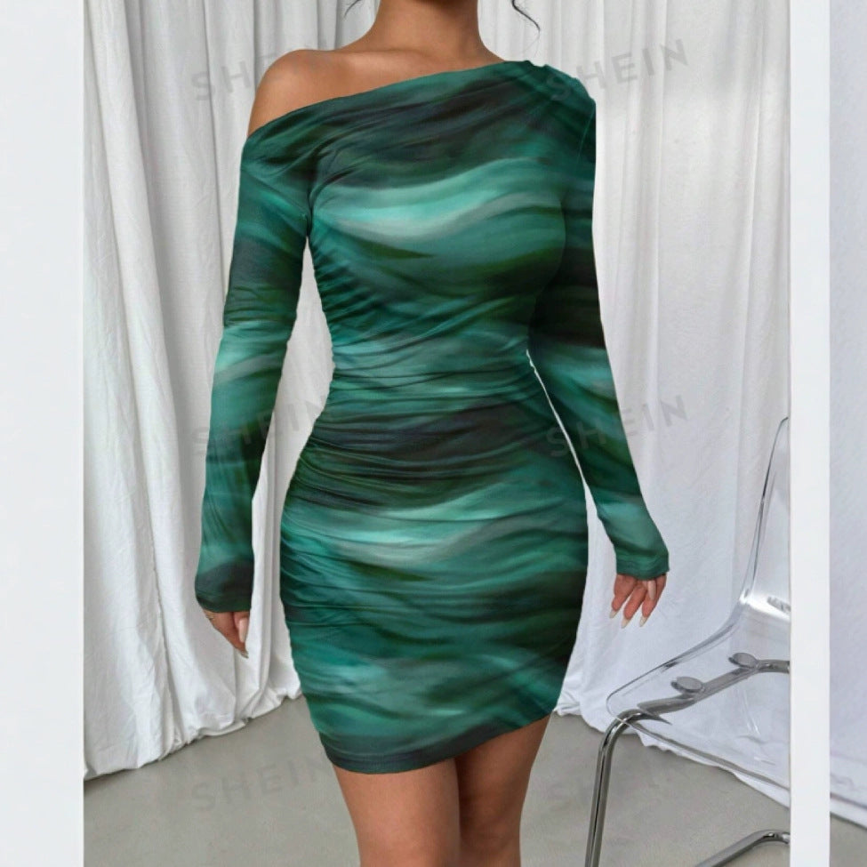 2024 Spring and Autumn Europe and America Amazon Cross-border Foreign Trade New Fashion Tie-Dye Long Sleeve Slim-fit Spice Girls dress Women