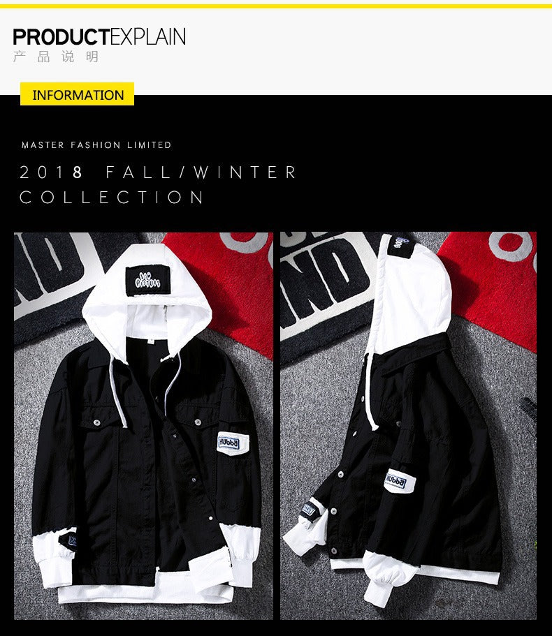 Autumn Hooded Denim Jacket Men's Korean Style Trendyy Casual Versatile Top Spring and Autum Couple Fake Two-Piece Jacket