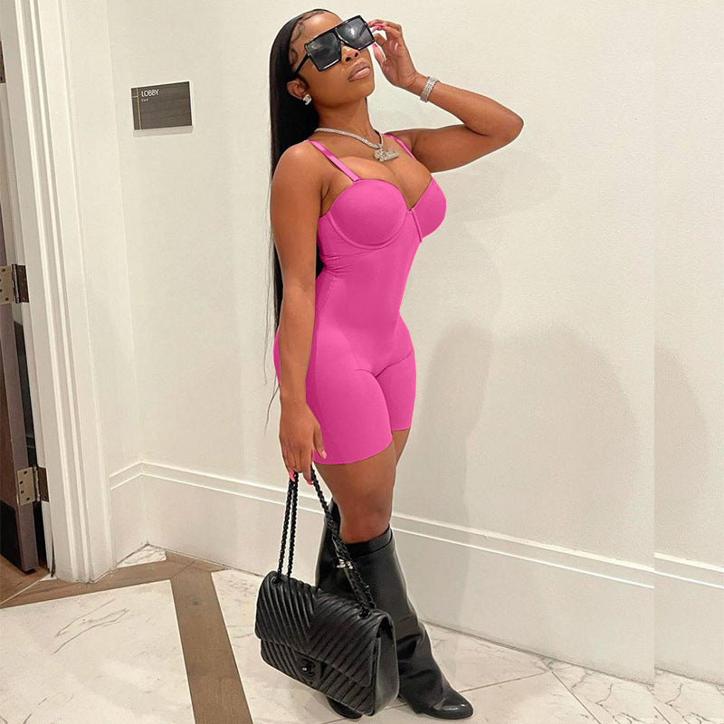F190 European and American Style 2024 Summer Women's New Sexy Low-Cut Suspenders High-Waist Slim Hip-Hugging One-Piece Shorts for Women