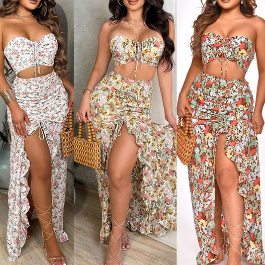 Amazon European and American Women's Cross-border Source Printing Two-piece Sexy Pleated Ruffled dress