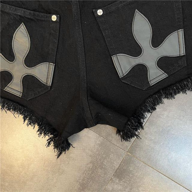 Lace-Up Raw Edge Cross Flower Picture Sweet Cool Dark Style Denim Shorts for Women Summer Outer Wear Large Size Fat mm Popular Hot Pants