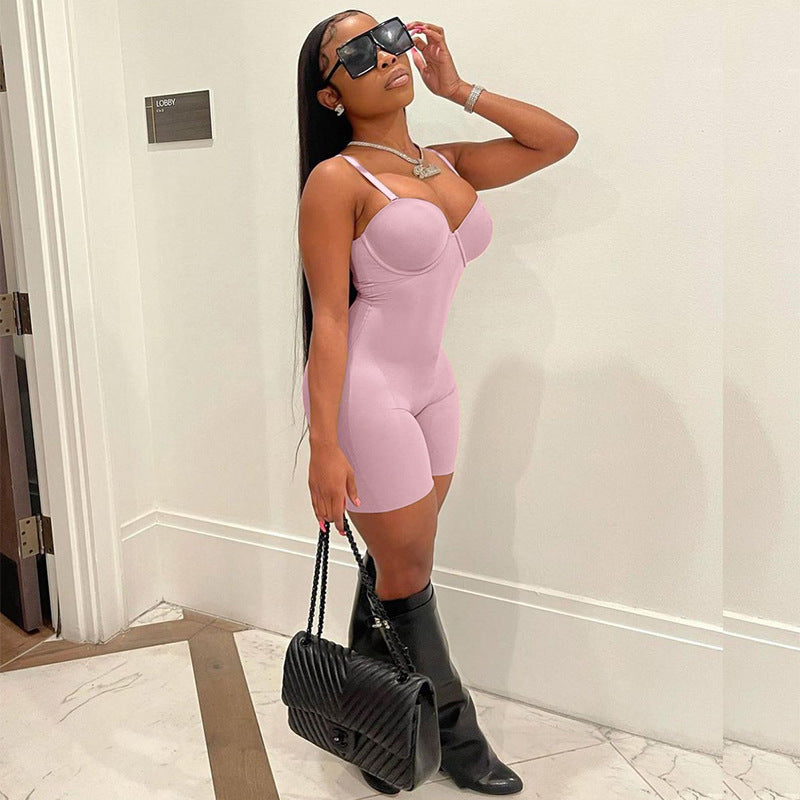 F190 European and American Style 2024 Summer Women's New Sexy Low-Cut Suspenders High-Waist Slim Hip-Hugging One-Piece Shorts for Women