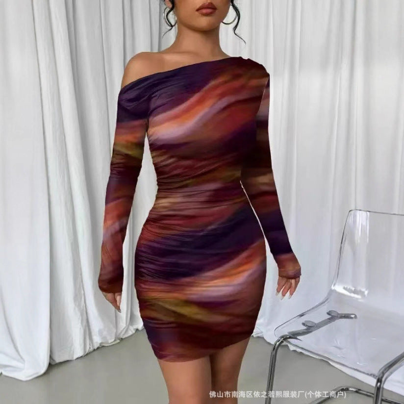 2024 Spring and Autumn Europe and America Amazon Cross-border Foreign Trade New Fashion Tie-Dye Long Sleeve Slim-fit Spice Girls dress Women