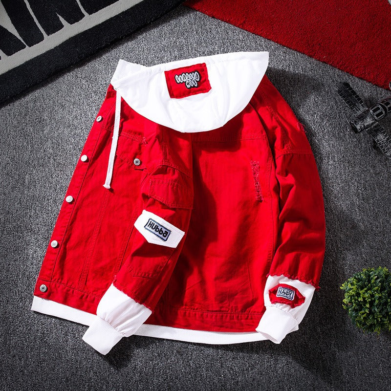 Autumn Hooded Denim Jacket Men's Korean Style Trendyy Casual Versatile Top Spring and Autum Couple Fake Two-Piece Jacket