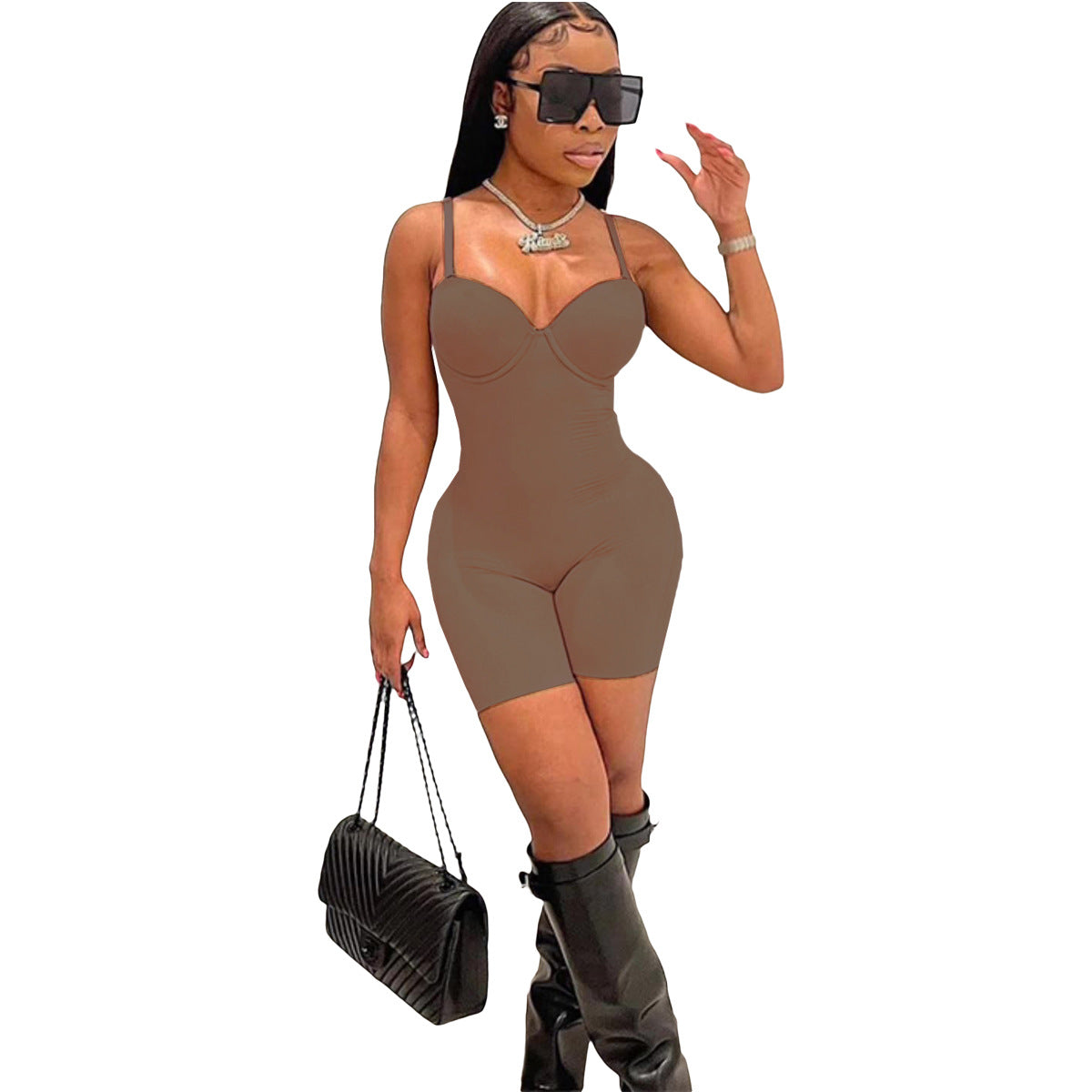 F190 European and American Style 2024 Summer Women's New Sexy Low-Cut Suspenders High-Waist Slim Hip-Hugging One-Piece Shorts for Women