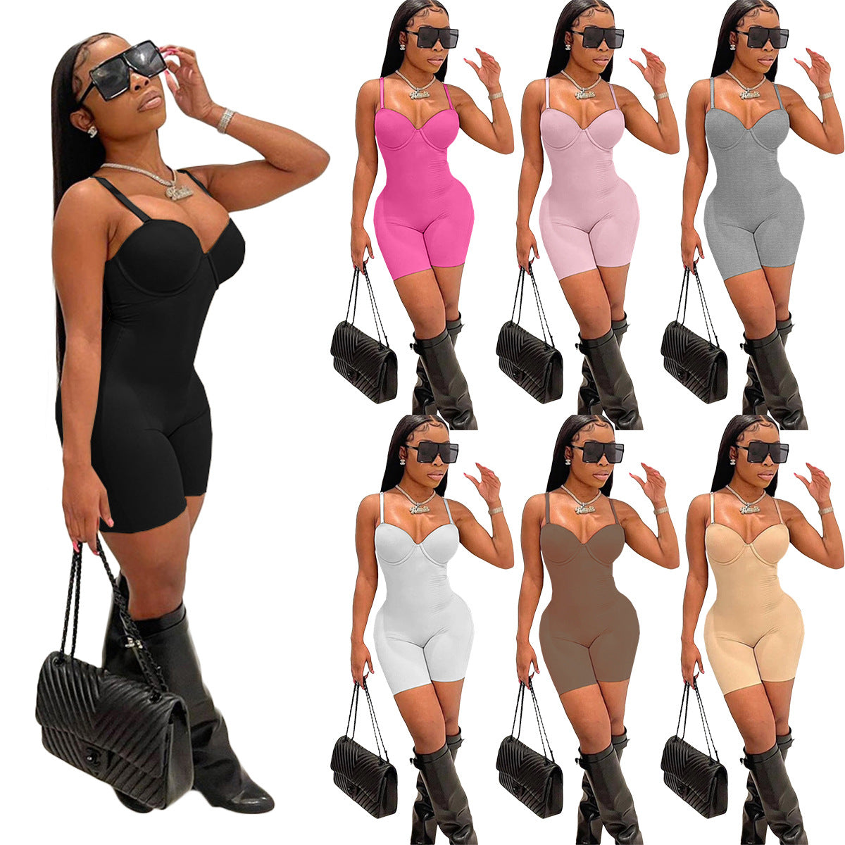 F190 European and American Style 2024 Summer Women's New Sexy Low-Cut Suspenders High-Waist Slim Hip-Hugging One-Piece Shorts for Women