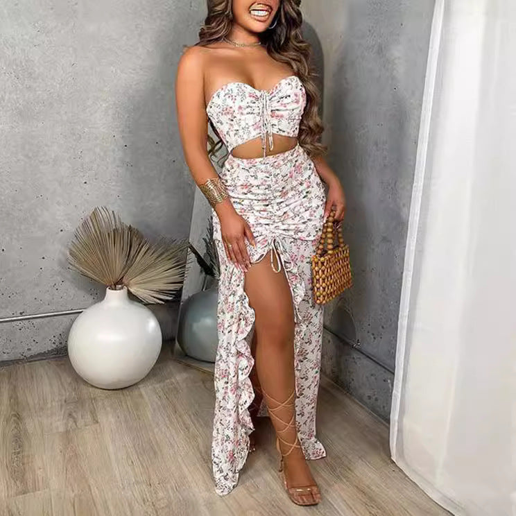 Amazon European and American Women's Cross-border Source Printing Two-piece Sexy Pleated Ruffled dress