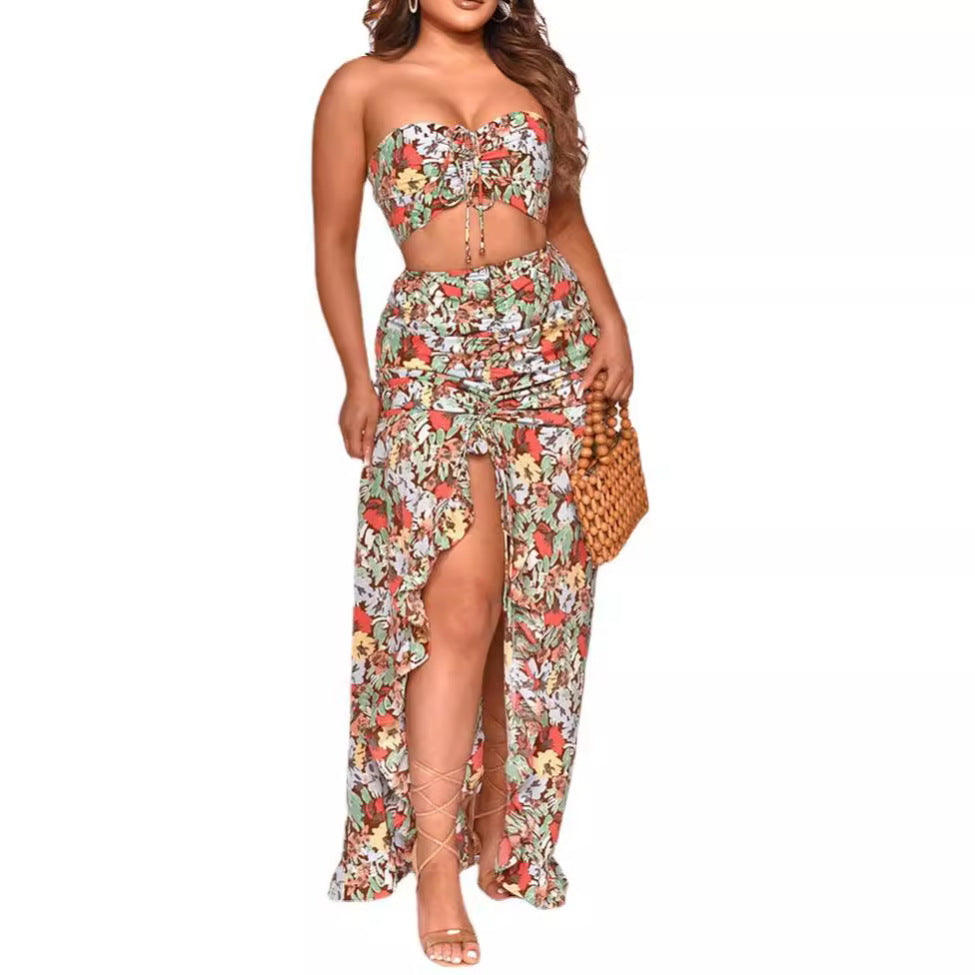 Amazon European and American Women's Cross-border Source Printing Two-piece Sexy Pleated Ruffled dress