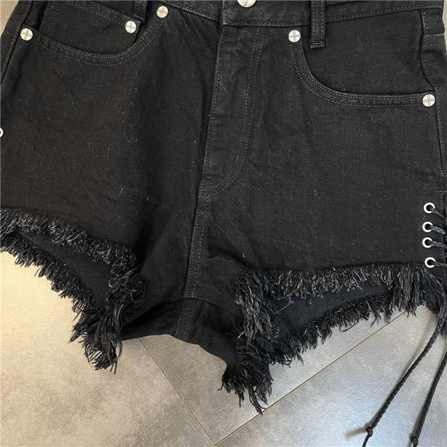 Lace-Up Raw Edge Cross Flower Picture Sweet Cool Dark Style Denim Shorts for Women Summer Outer Wear Large Size Fat mm Popular Hot Pants
