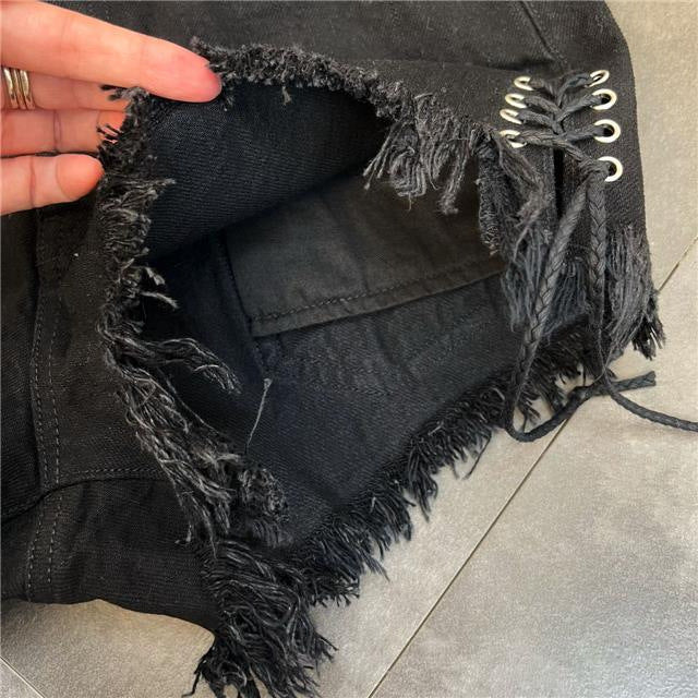 Lace-Up Raw Edge Cross Flower Picture Sweet Cool Dark Style Denim Shorts for Women Summer Outer Wear Large Size Fat mm Popular Hot Pants