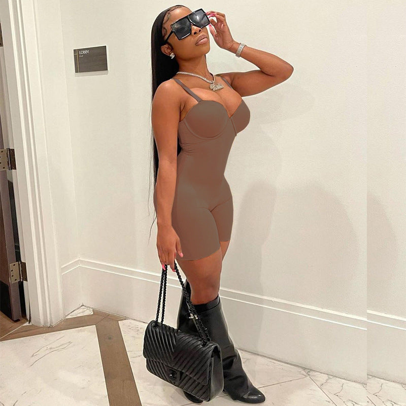 F190 European and American Style 2024 Summer Women's New Sexy Low-Cut Suspenders High-Waist Slim Hip-Hugging One-Piece Shorts for Women