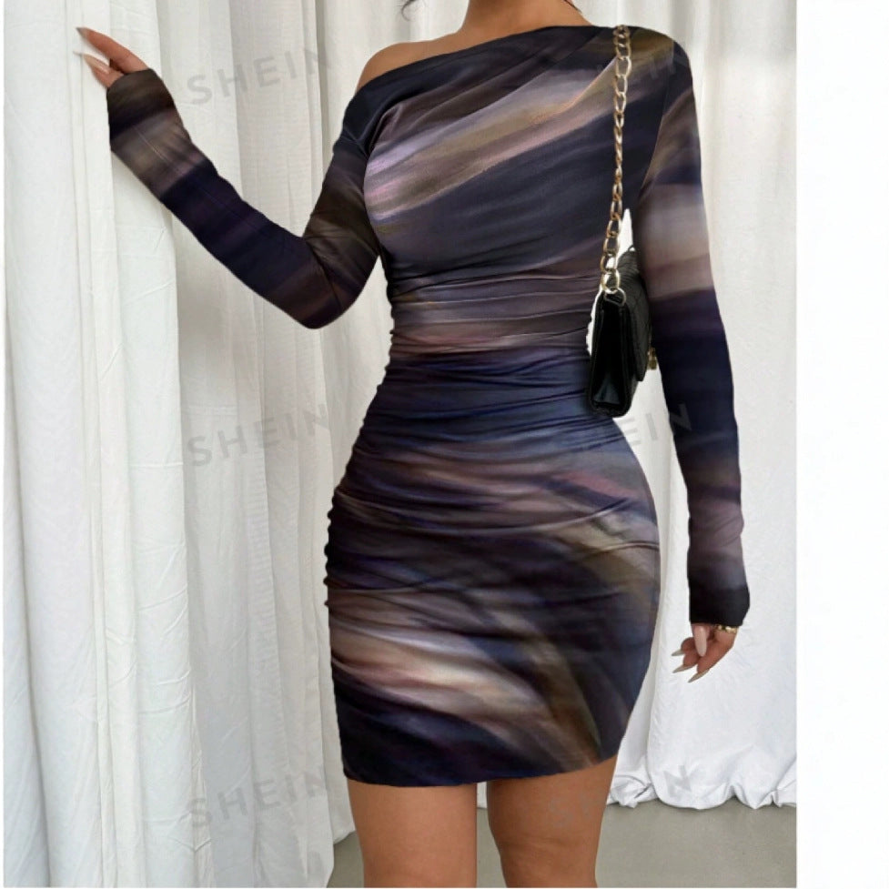 2024 Spring and Autumn Europe and America Amazon Cross-border Foreign Trade New Fashion Tie-Dye Long Sleeve Slim-fit Spice Girls dress Women