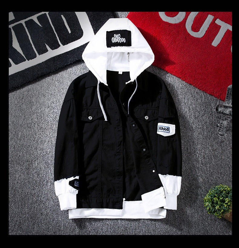 Autumn Hooded Denim Jacket Men's Korean Style Trendyy Casual Versatile Top Spring and Autum Couple Fake Two-Piece Jacket