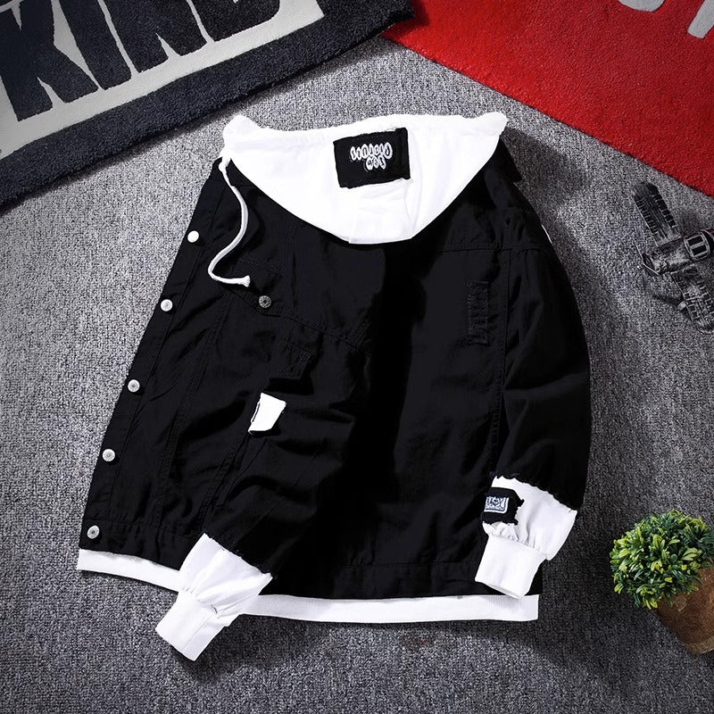 Autumn Hooded Denim Jacket Men's Korean Style Trendyy Casual Versatile Top Spring and Autum Couple Fake Two-Piece Jacket