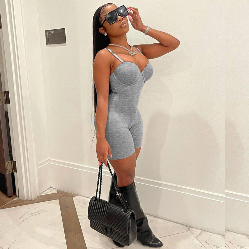 F190 European and American Style 2024 Summer Women's New Sexy Low-Cut Suspenders High-Waist Slim Hip-Hugging One-Piece Shorts for Women