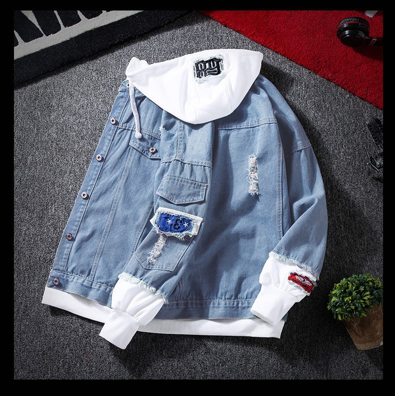Autumn Hooded Denim Jacket Men's Korean Style Trendyy Casual Versatile Top Spring and Autum Couple Fake Two-Piece Jacket