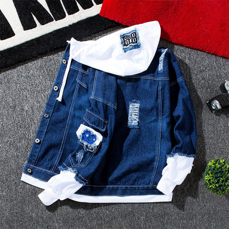Autumn Hooded Denim Jacket Men's Korean Style Trendyy Casual Versatile Top Spring and Autum Couple Fake Two-Piece Jacket