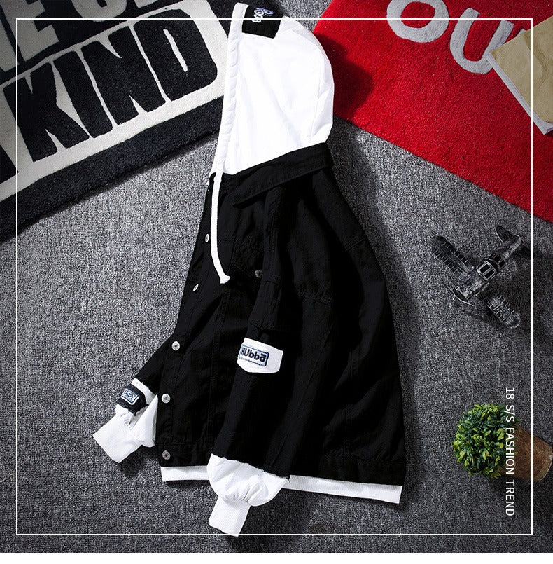 Autumn Hooded Denim Jacket Men's Korean Style Trendyy Casual Versatile Top Spring and Autum Couple Fake Two-Piece Jacket