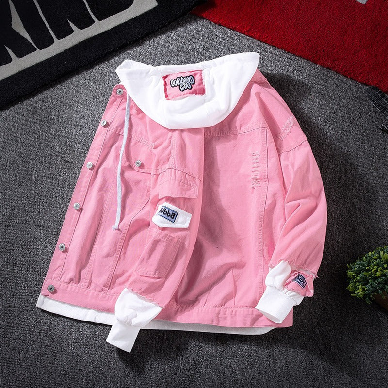 Autumn Hooded Denim Jacket Men's Korean Style Trendyy Casual Versatile Top Spring and Autum Couple Fake Two-Piece Jacket
