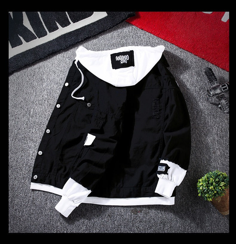 Autumn Hooded Denim Jacket Men's Korean Style Trendyy Casual Versatile Top Spring and Autum Couple Fake Two-Piece Jacket