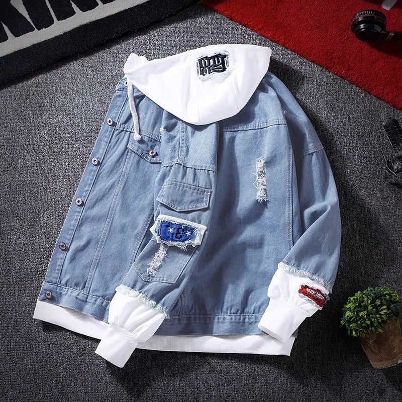 Autumn Hooded Denim Jacket Men's Korean Style Trendyy Casual Versatile Top Spring and Autum Couple Fake Two-Piece Jacket