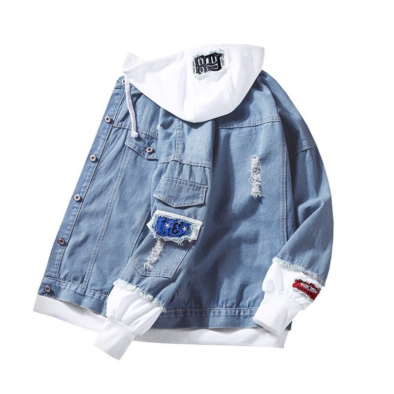 Autumn Hooded Denim Jacket Men's Korean Style Trendyy Casual Versatile Top Spring and Autum Couple Fake Two-Piece Jacket