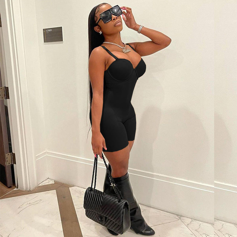 F190 European and American Style 2024 Summer Women's New Sexy Low-Cut Suspenders High-Waist Slim Hip-Hugging One-Piece Shorts for Women