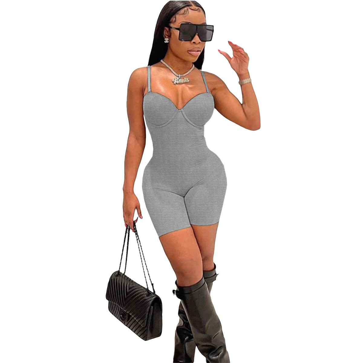 F190 European and American Style 2024 Summer Women's New Sexy Low-Cut Suspenders High-Waist Slim Hip-Hugging One-Piece Shorts for Women